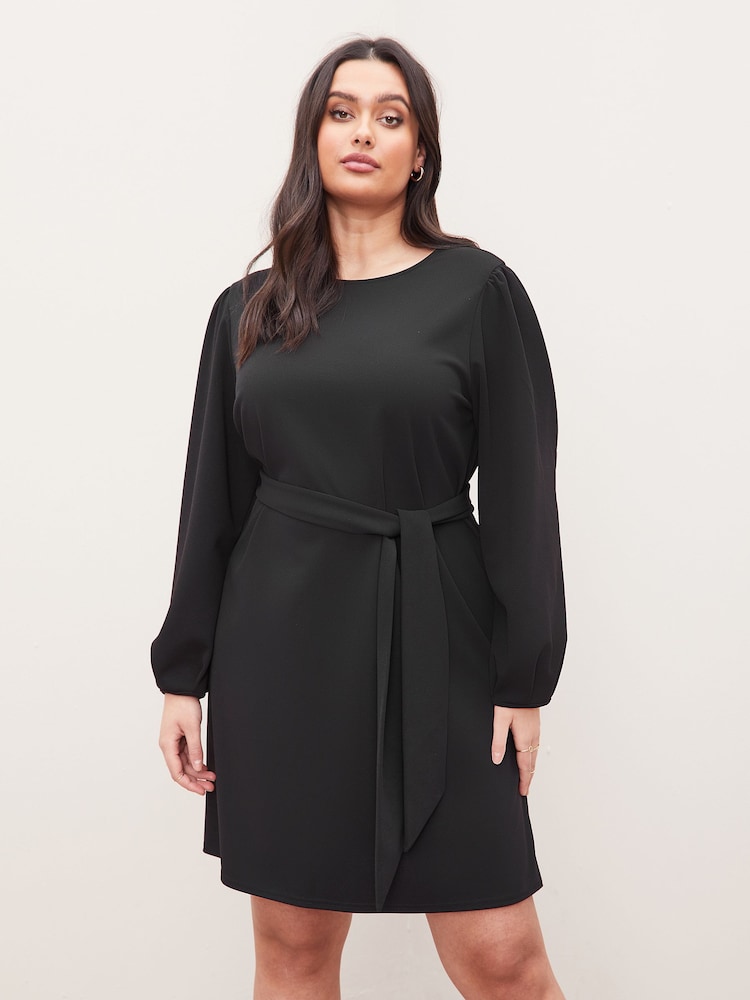 Lipsy Black Curve Long Sleeve Round Neck Tie Waist Shift Dress - Image 1 of 4