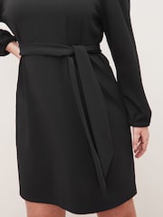 Lipsy Black Curve Long Sleeve Round Neck Tie Waist Shift Dress - Image 3 of 4