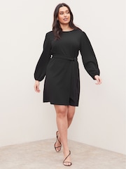 Lipsy Black Curve Long Sleeve Round Neck Tie Waist Shift Dress - Image 4 of 4