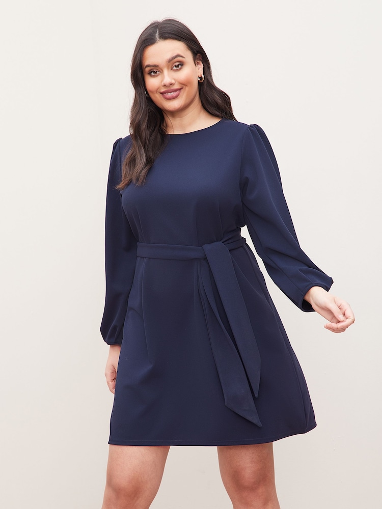 Lipsy Navy Curve Long Sleeve Round Neck Tie Waist Shift Dress - Image 1 of 4 Lipsy Navy Curve Long Sleeve Round Neck Tie Waist Shift Dress - Image 1 of 4