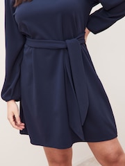 Lipsy Navy Curve Long Sleeve Round Neck Tie Waist Shift Dress - Image 3 of 4