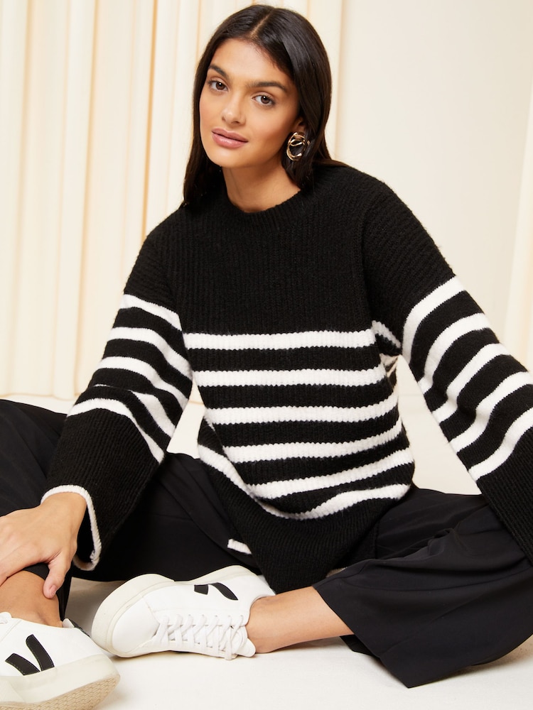 Friends Like These Black/White Stripe Split Hem Relaxed Jumper - Image 1 of 4 Friends Like These Black/White Stripe Split Hem Relaxed Jumper - Image 1 of 4