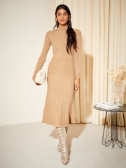 Friends Like These Camel High Neck Knitted Pleated Long Sleeve Midi Dress - Image 1 of 4