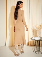 Friends Like These Camel High Neck Knitted Pleated Long Sleeve Midi Dress - Image 4 of 4