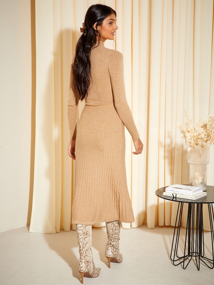 Friends Like These Camel High Neck Knitted Pleated Long Sleeve Midi Dress - Image 4 of 4