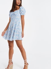 Quiz Blue Ditsy Floral Tie Front Skater Dress - Image 3 of 5