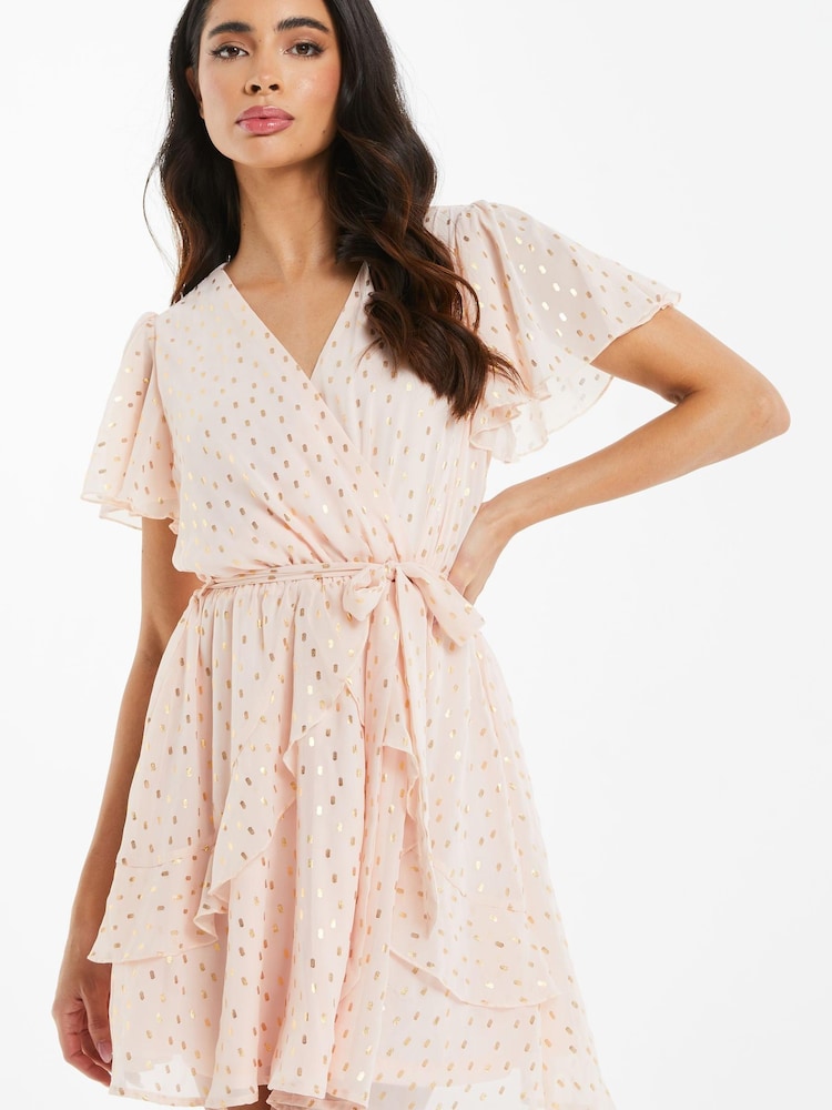 Quiz Blush Pink Foil Chiffon Skater Dress - Image 1 of 6