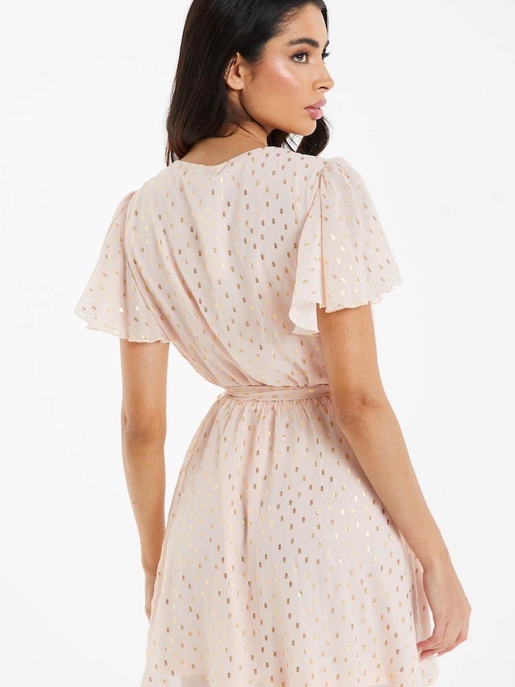 Quiz Blush Pink Foil Chiffon Skater Dress - Image 3 of 6