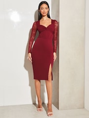 Lipsy Red Knotted Sweetheart Neck Lace Long Sleeve Corset Dress - Image 3 of 4