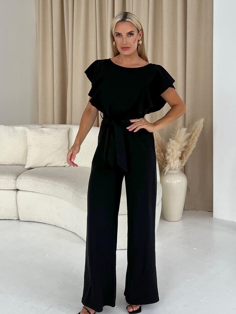 Girl In Mind Black Petite Tamara Frill Detail Wide Leg Jumpsuit - Image 1 of 4 Girl In Mind Black Petite Tamara Frill Detail Wide Leg Jumpsuit - Image 1 of 4