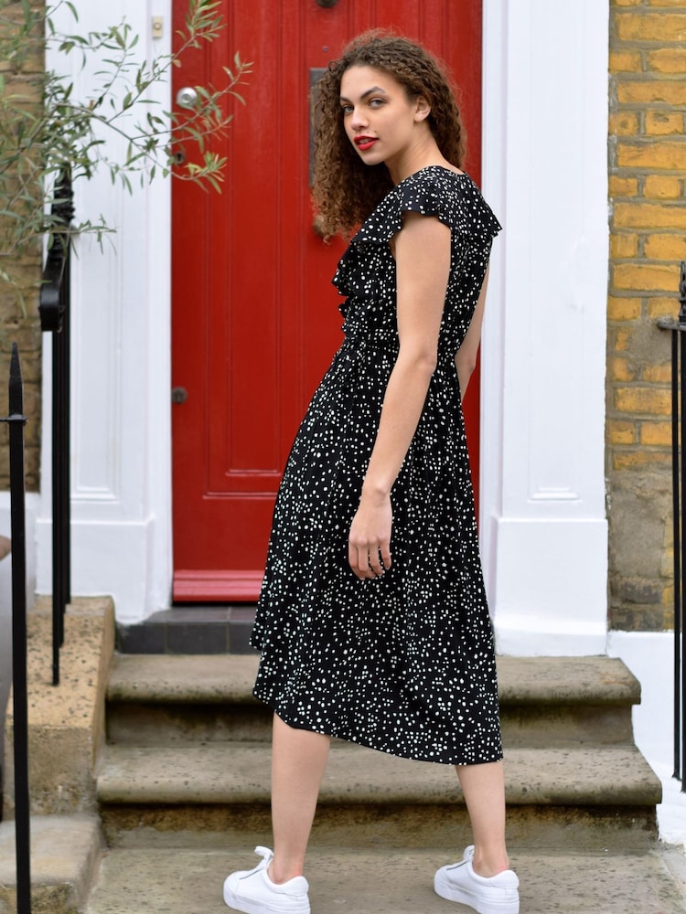 Rae Black Spot Print Ruffle Wrap Midi Dress - Image 2 of 3