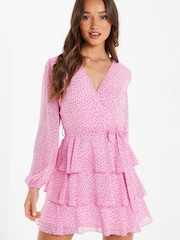 Quiz Pink Polka Dot Wrap Skater Dress - Image 1 of 5