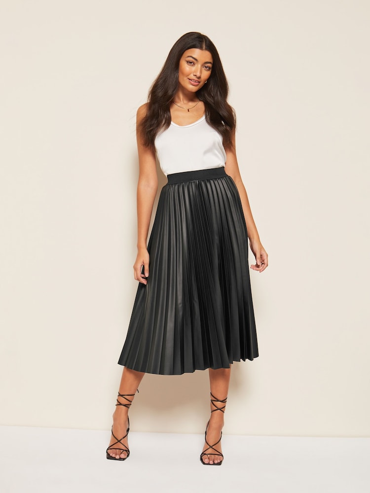 Friends Like These Black Faux Leather Pleated Summer Midi Skirt - Image 3 of 4