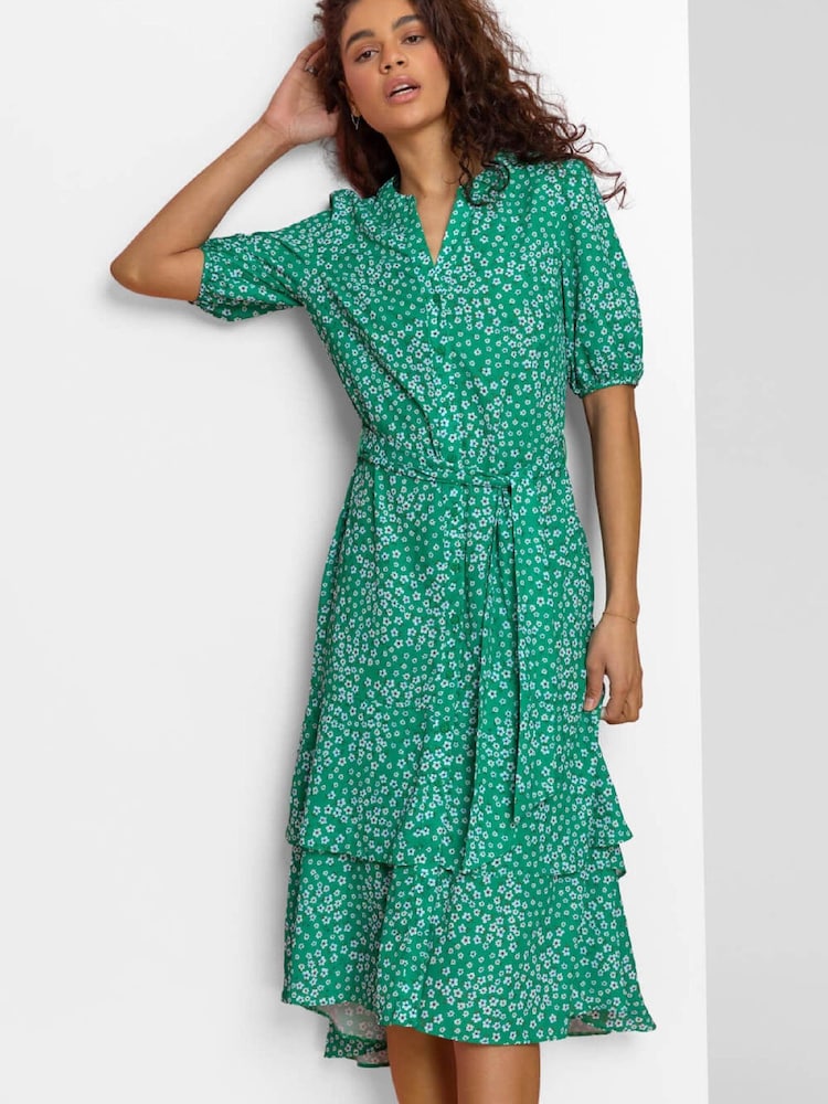 Roman Green Ditsy Floral Frill Hem Midi Dress - Image 1 of 5