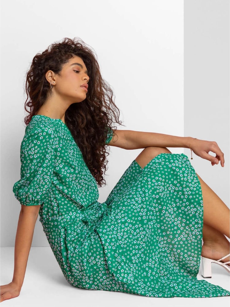 Roman Green Ditsy Floral Frill Hem Midi Dress - Image 5 of 5