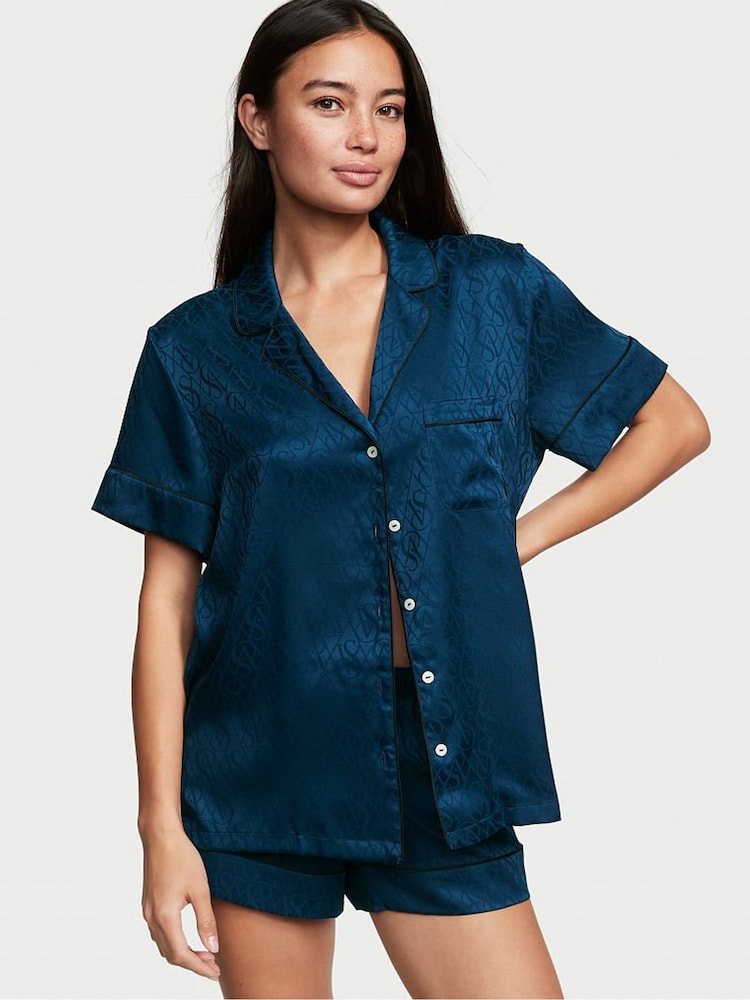 Victoria's Secret Academy Blue Logo Satin Short Pyjamas - Image 1 of 4 Victoria's Secret Academy Blue Logo Satin Short Pyjamas - Image 1 of 4