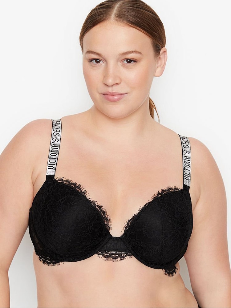 Victoria's Secret Black Lace Push Up Shine Strap Bra - Image 1 of 4