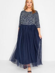 Yours Curve Blue 3/4 Sleeve Sequin Maxi Dress - Image 1 of 4