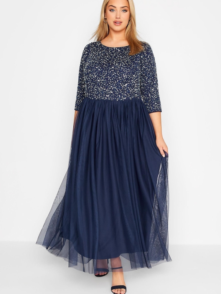 Yours Curve Blue 3/4 Sleeve Sequin Maxi Dress - Image 1 of 4