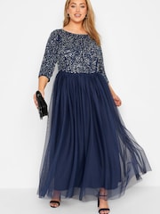 Yours Curve Blue 3/4 Sleeve Sequin Maxi Dress - Image 2 of 4