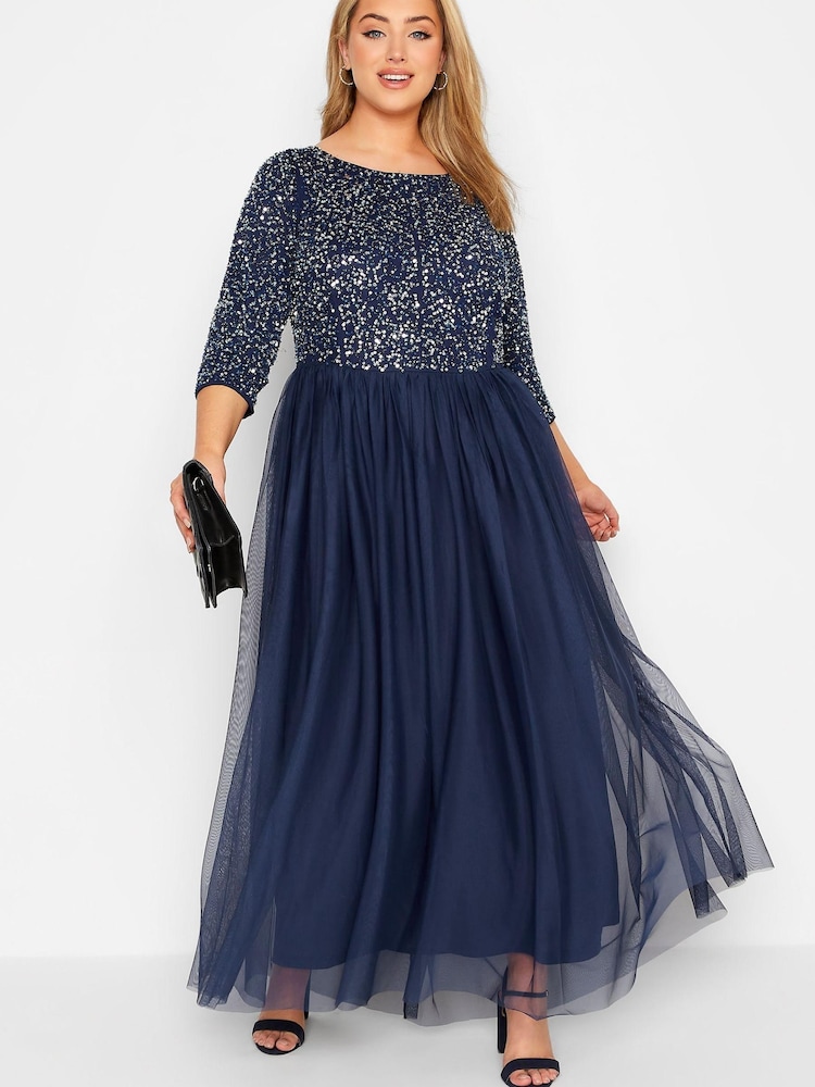 Yours Curve Blue 3/4 Sleeve Sequin Maxi Dress - Image 2 of 4