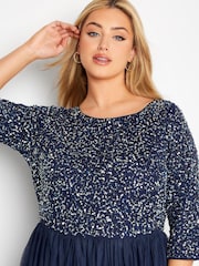 Yours Curve Blue 3/4 Sleeve Sequin Maxi Dress - Image 4 of 4