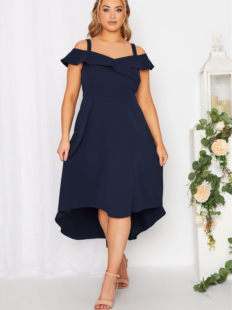 Yours Curve Blue High Low Bardot Dress - Image 1 of 1