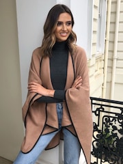 Lipsy Camel Super Soft Cosy Contrast Trim Cape - Image 2 of 3