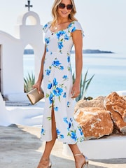 Sosandar Blue Lace Detail Flutter Sleeve Bardot Midi Dress - Image 1 of 5