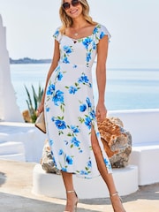 Sosandar Blue Lace Detail Flutter Sleeve Bardot Midi Dress - Image 5 of 5