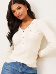 Lipsy Ivory Long Sleeve knitted V Neck Button Jumper - Image 1 of 4