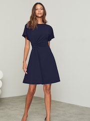 Lipsy Navy Twist Side Shorts Sleeve Mini Skater Dress - Image 1 of 4