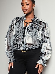 Lipsy Black Paisley Curve Sheer Tie Neck Long Sleeve Blouse - Image 1 of 4