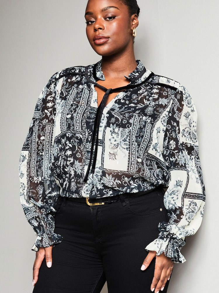 Lipsy Black Paisley Curve Sheer Tie Neck Long Sleeve Blouse - Image 1 of 4