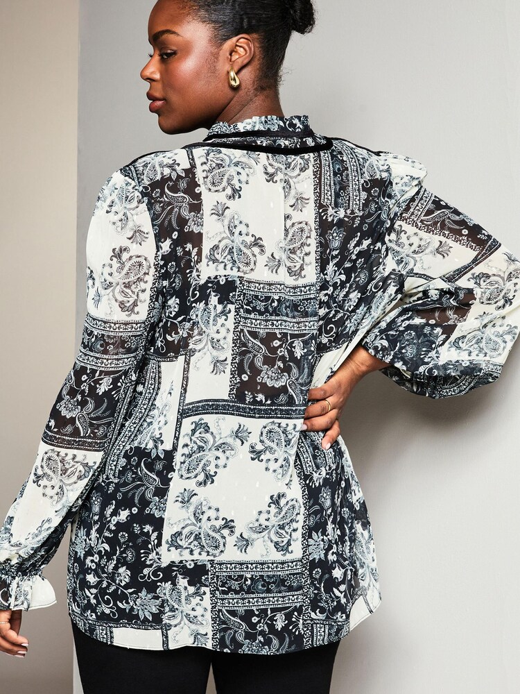 Lipsy Black Paisley Curve Sheer Tie Neck Long Sleeve Blouse - Image 2 of 4