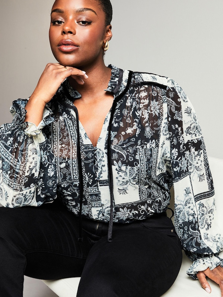 Lipsy Black Paisley Curve Sheer Tie Neck Long Sleeve Blouse - Image 4 of 4