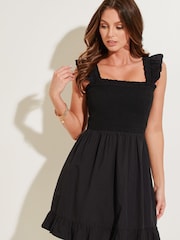 Pour Moi Black Lucy Cotton Poplin Frill Shoulder Mini Dress - Image 2 of 4