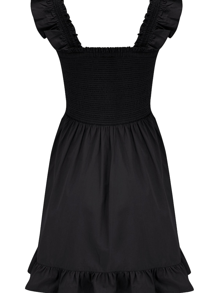 Pour Moi Black Lucy Cotton Poplin Frill Shoulder Mini Dress - Image 4 of 4