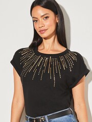 Lipsy Black Sequin Round Neck T-Shirt - Image 1 of 5