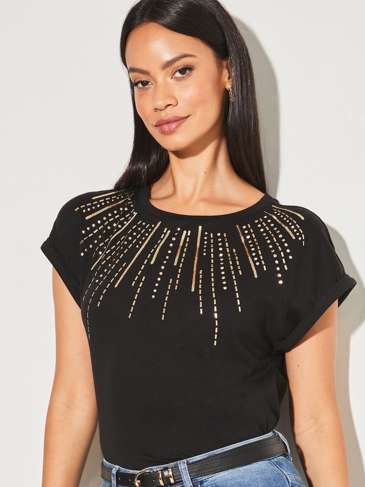 Lipsy Black Sequin Round Neck T-Shirt - Image 1 of 5 Lipsy Black Sequin Round Neck T-Shirt - Image 1 of 5