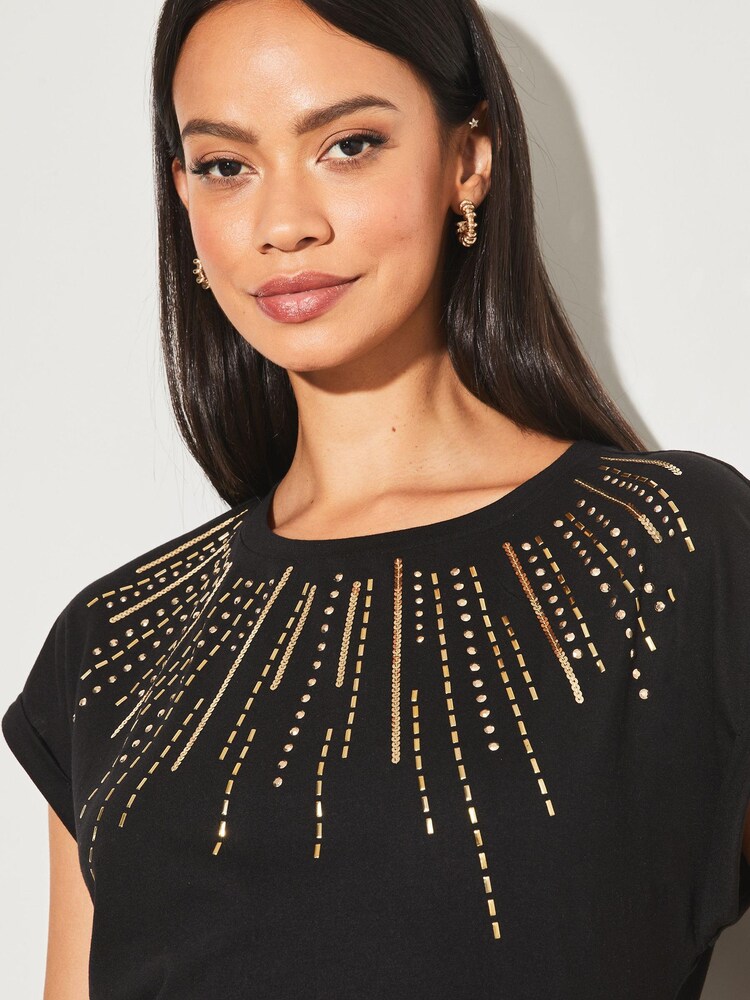 Lipsy Black Sequin Round Neck T-Shirt - Image 5 of 5 Lipsy Black Sequin Round Neck T-Shirt - Image 5 of 5