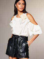 Lipsy Cream Cold Shoulder Ruffle Corsage Top - Image 1 of 4