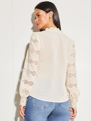 Lipsy Cream Ivory Spot Lace Insert Long Sleeve Dobby Chiffon Blouse - Image 1 of 3