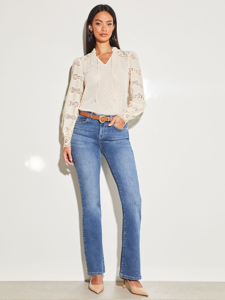 Lipsy Cream Ivory Spot Lace Insert Long Sleeve Dobby Chiffon Blouse - Image 2 of 3