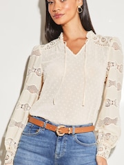 Lipsy Cream Ivory Spot Lace Insert Long Sleeve Dobby Chiffon Blouse - Image 3 of 3