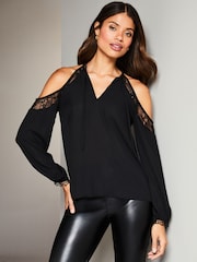Lipsy Black Long Sleeve Lace Cold Shoulder Top - Image 1 of 4