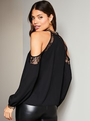 Lipsy Black Long Sleeve Lace Cold Shoulder Top - Image 2 of 4