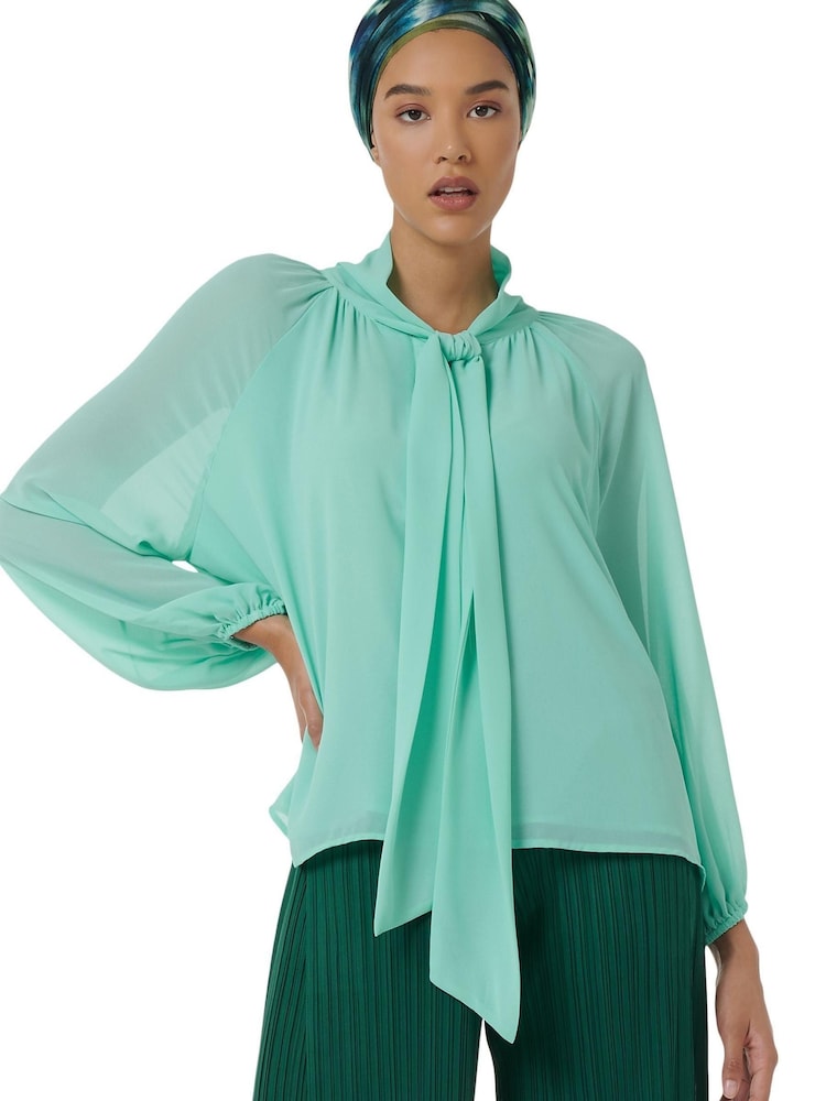 leem Blue Neck Tie Blouse - Image 1 of 5 leem Blue Neck Tie Blouse - Image 1 of 5