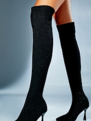 Lipsy Black Wide Fit Mid Heel Over The Knee Knitted Sock Boot - Image 1 of 5