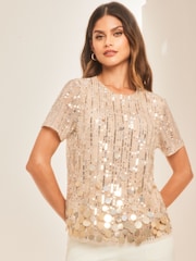 Lipsy Gold Sequin Short Sleeve Top - Image 1 of 4